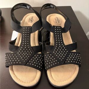 East 5th Black Studded T-Strap Comfort Sandals